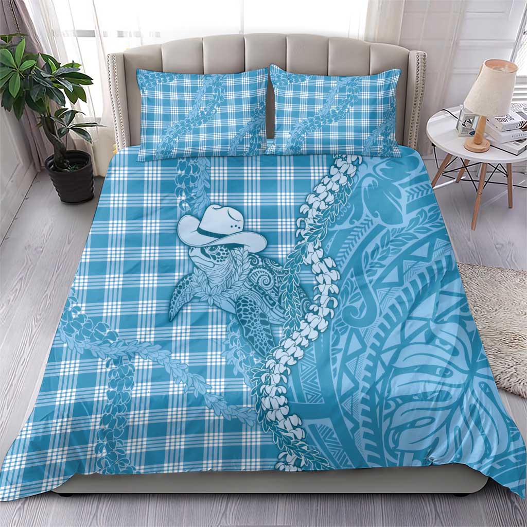 Blue Hawaii Palaka Cowboy Turtle Bedding Set Hawaiian Paniolo Puakenikeni Maile Lei - Polynesian Pride