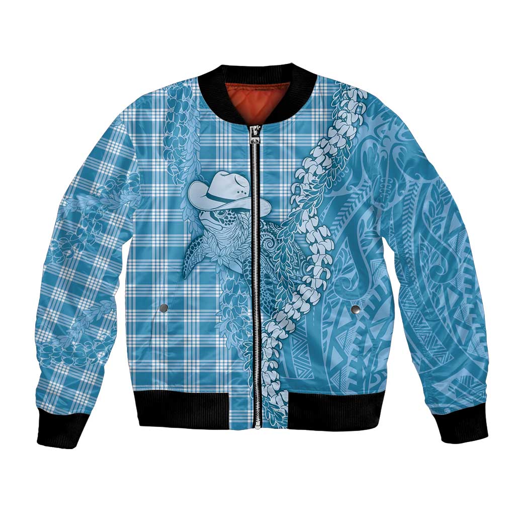 Blue Hawaii Palaka Cowboy Turtle Bomber Jacket Hawaiian Paniolo Puakenikeni Maile Lei - Polynesian Pride