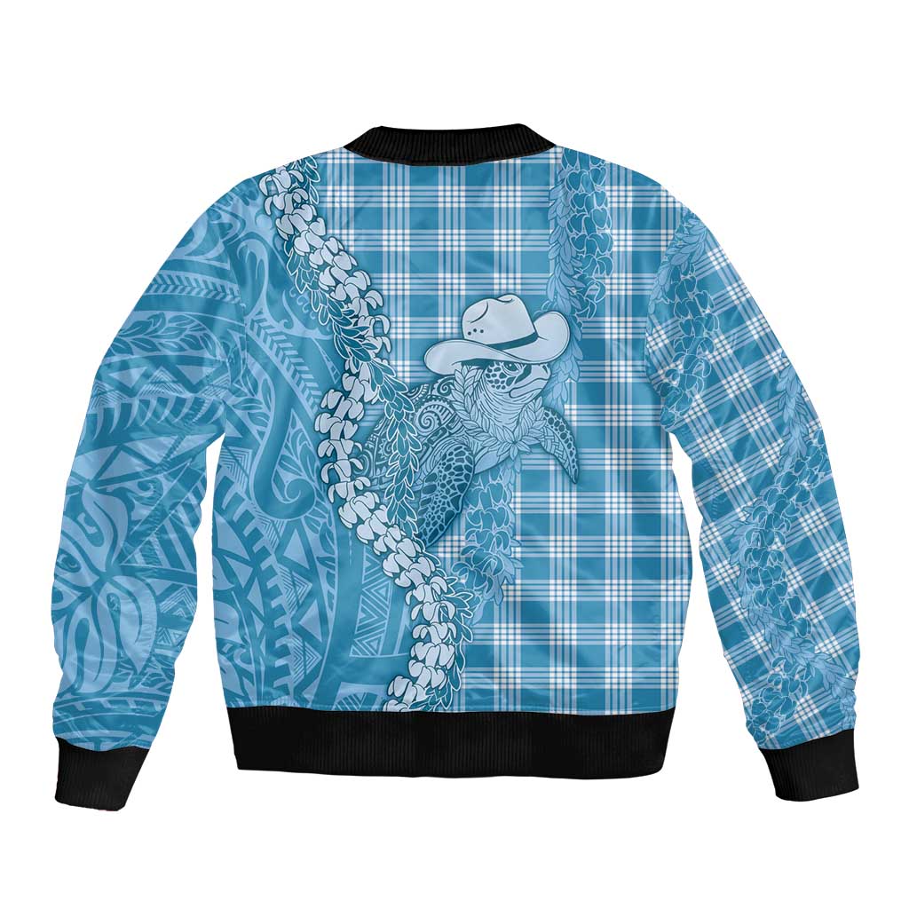 Blue Hawaii Palaka Cowboy Turtle Bomber Jacket Hawaiian Paniolo Puakenikeni Maile Lei - Polynesian Pride