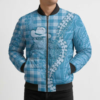 Blue Hawaii Palaka Cowboy Turtle Bomber Puffer Jacket Hawaiian Paniolo Puakenikeni Maile Lei - Polynesian Pride