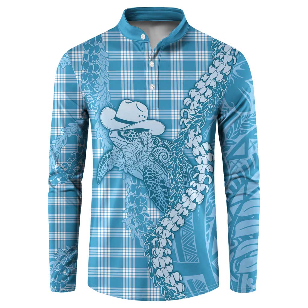 Blue Hawaii Palaka Cowboy Turtle Button Sweatshirt Hawaiian Paniolo Puakenikeni Maile Lei - Polynesian Pride