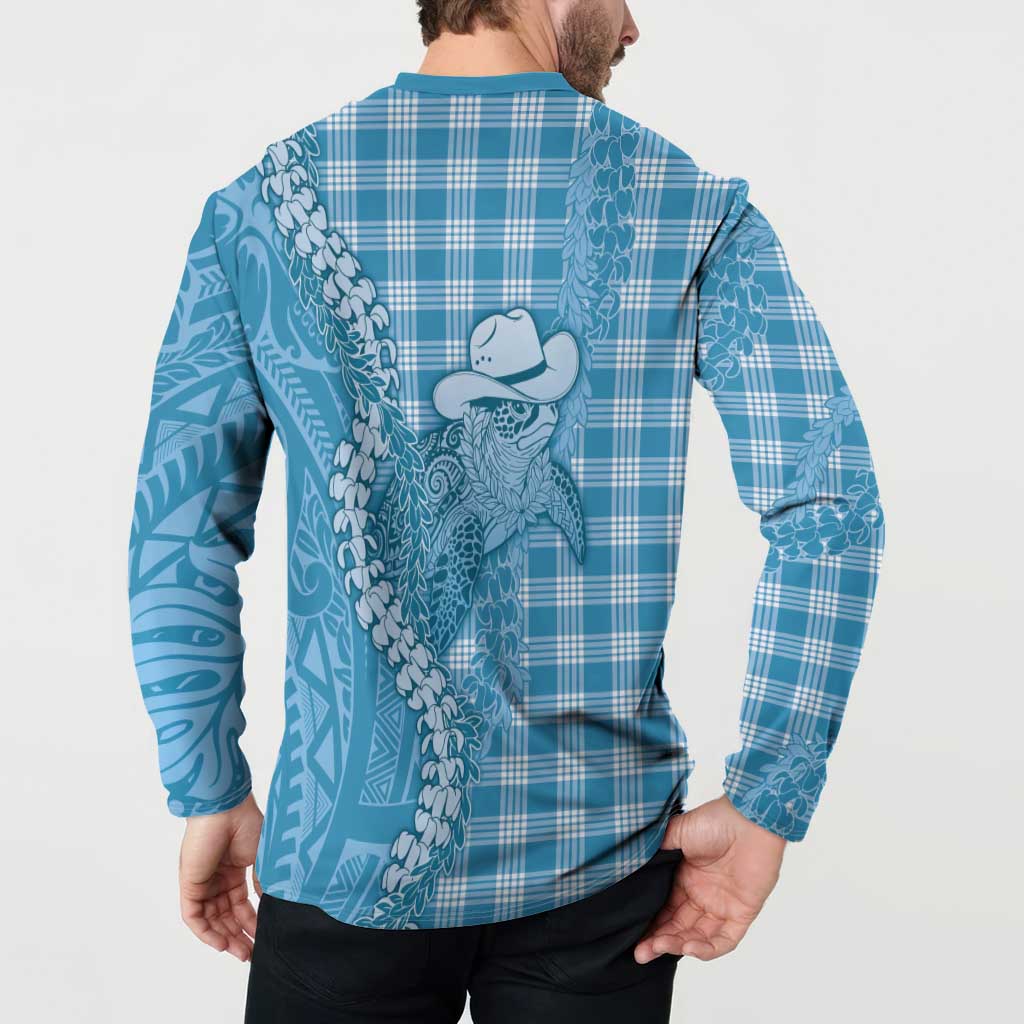 Blue Hawaii Palaka Cowboy Turtle Button Sweatshirt Hawaiian Paniolo Puakenikeni Maile Lei - Polynesian Pride
