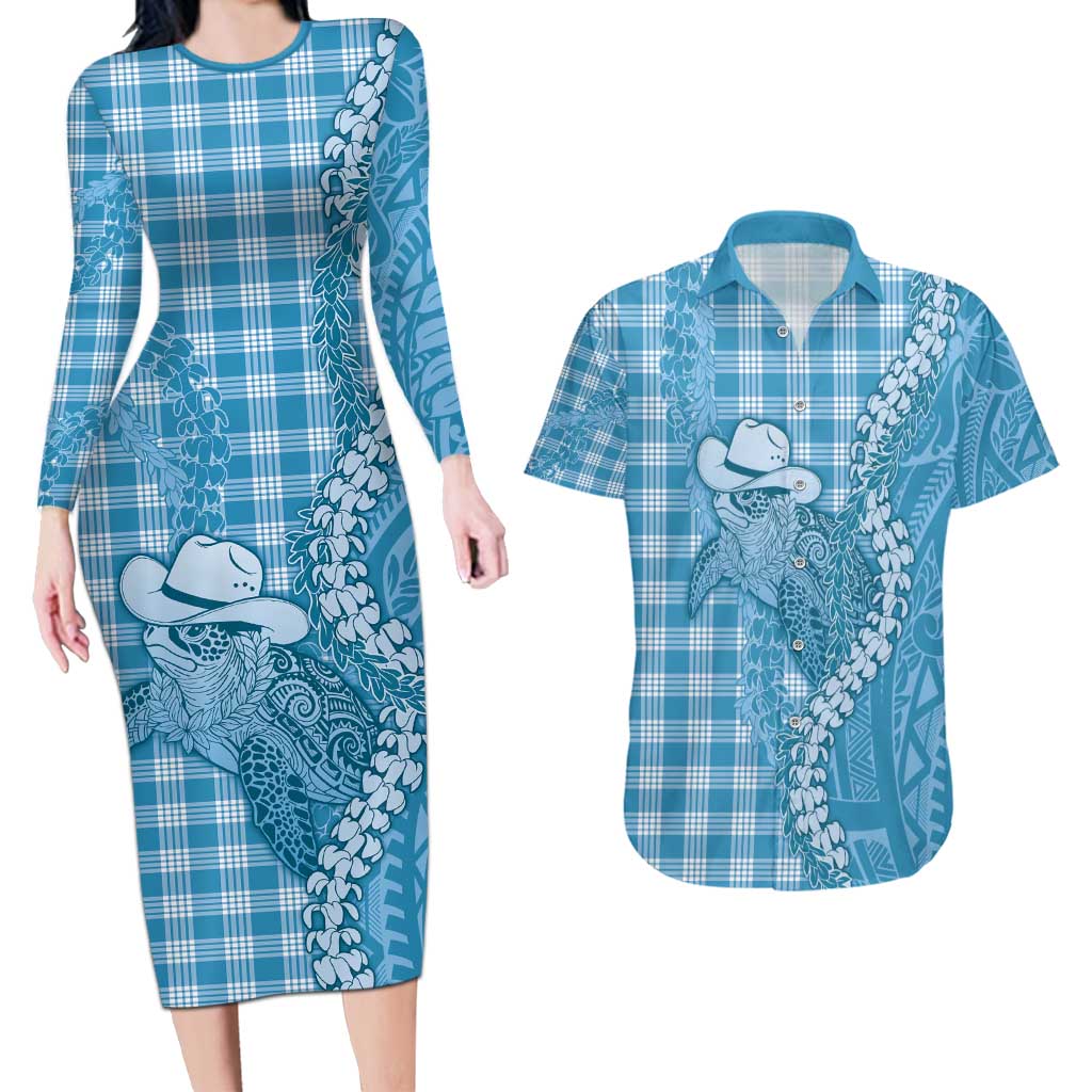 Blue Hawaii Palaka Cowboy Turtle Couples Matching Long Sleeve Bodycon Dress and Hawaiian Shirt Hawaiian Paniolo Puakenikeni Maile Lei - Polynesian Pride