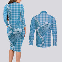 Blue Hawaii Palaka Cowboy Turtle Couples Matching Long Sleeve Bodycon Dress and Long Sleeve Button Shirt Hawaiian Paniolo Puakenikeni Maile Lei - Polynesian Pride