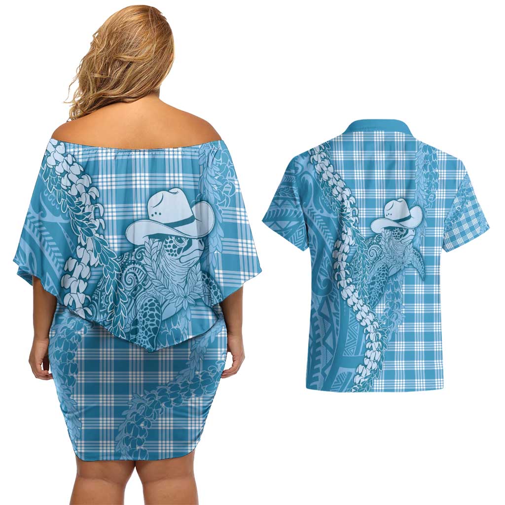 Blue Hawaii Palaka Cowboy Turtle Couples Matching Off Shoulder Short Dress and Hawaiian Shirt Hawaiian Paniolo Puakenikeni Maile Lei - Polynesian Pride