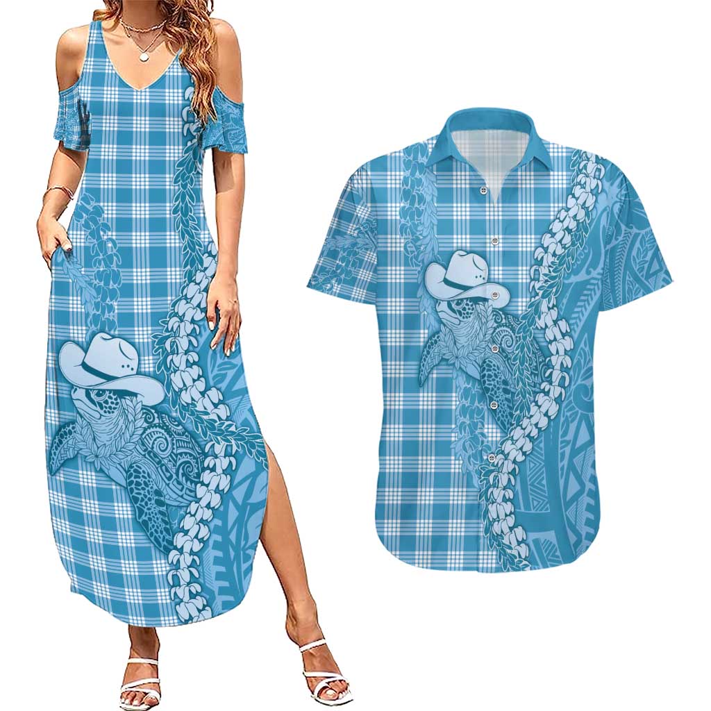 Blue Hawaii Palaka Cowboy Turtle Couples Matching Summer Maxi Dress and Hawaiian Shirt Hawaiian Paniolo Puakenikeni Maile Lei - Polynesian Pride