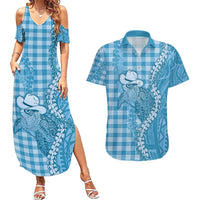 Blue Hawaii Palaka Cowboy Turtle Couples Matching Summer Maxi Dress and Hawaiian Shirt Hawaiian Paniolo Puakenikeni Maile Lei - Polynesian Pride