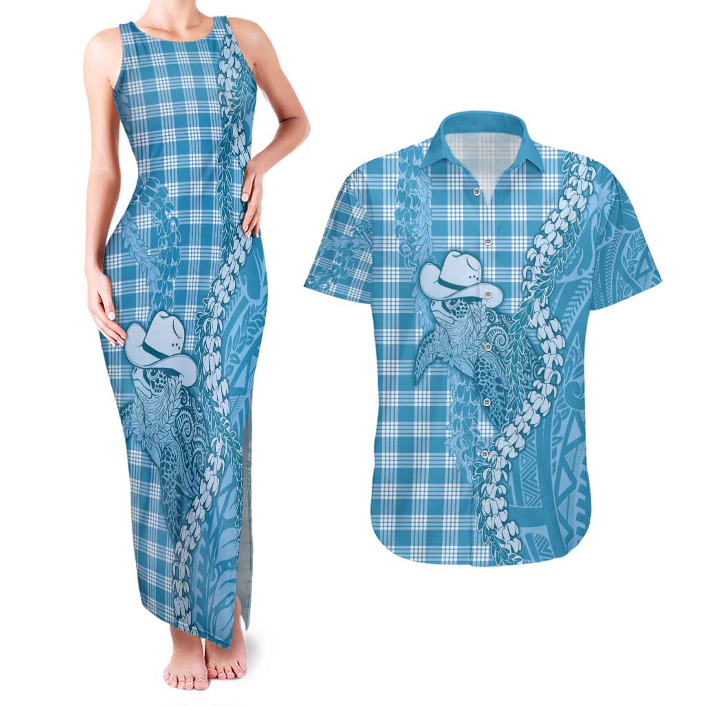 Blue Hawaii Palaka Cowboy Turtle Couples Matching Tank Maxi Dress and Hawaiian Shirt Hawaiian Paniolo Puakenikeni Maile Lei - Polynesian Pride