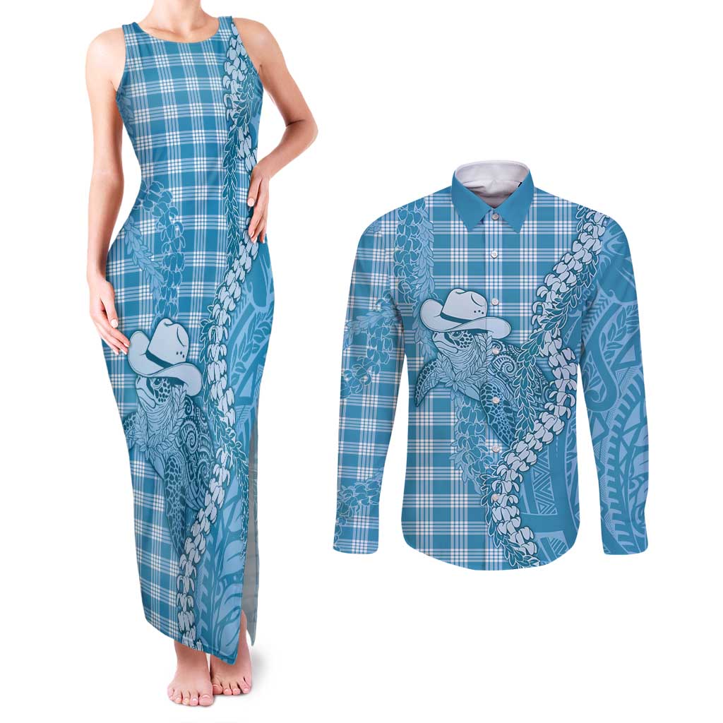 Blue Hawaii Palaka Cowboy Turtle Couples Matching Tank Maxi Dress and Long Sleeve Button Shirt Hawaiian Paniolo Puakenikeni Maile Lei - Polynesian Pride