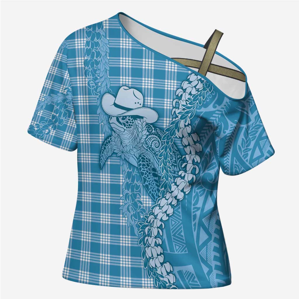Blue Hawaii Palaka Cowboy Turtle Cross Shoulder Shirt Hawaiian Paniolo Puakenikeni Maile Lei - Polynesian Pride