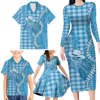 Blue Hawaii Palaka Cowboy Turtle Family Matching Long Sleeve Bodycon Dress and Hawaiian Shirt Hawaiian Paniolo Puakenikeni Maile Lei - Polynesian Pride