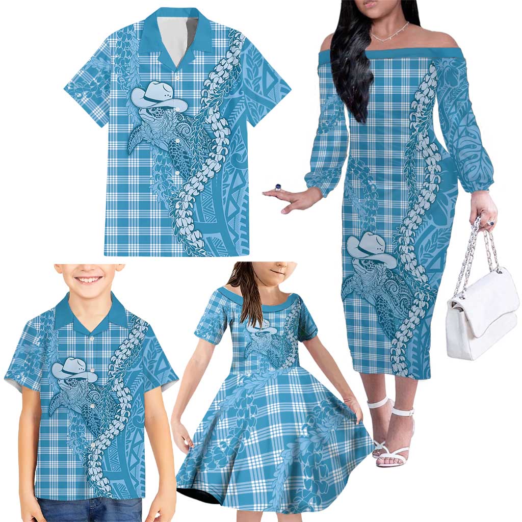 Blue Hawaii Palaka Cowboy Turtle Family Matching Off The Shoulder Long Sleeve Dress and Hawaiian Shirt Hawaiian Paniolo Puakenikeni Maile Lei DT05 - Polynesian Pride