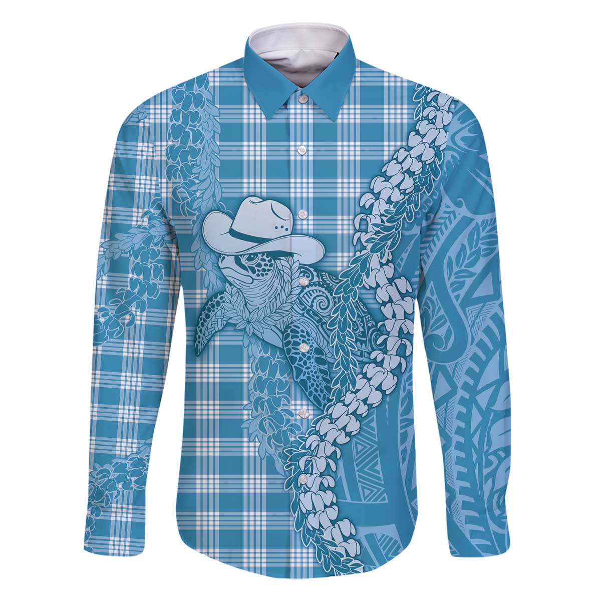 Blue Hawaii Palaka Cowboy Turtle Family Matching Off The Shoulder Long Sleeve Dress and Hawaiian Shirt Hawaiian Paniolo Puakenikeni Maile Lei - Polynesian Pride