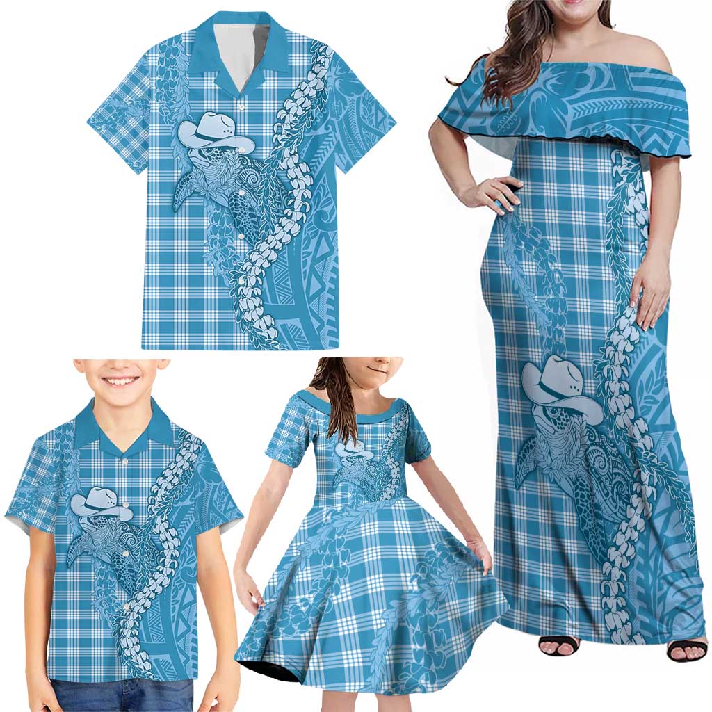Blue Hawaii Palaka Cowboy Turtle Family Matching Off Shoulder Maxi Dress and Hawaiian Shirt Hawaiian Paniolo Puakenikeni Maile Lei - Polynesian Pride