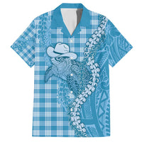 Blue Hawaii Palaka Cowboy Turtle Family Matching Off Shoulder Maxi Dress and Hawaiian Shirt Hawaiian Paniolo Puakenikeni Maile Lei - Polynesian Pride