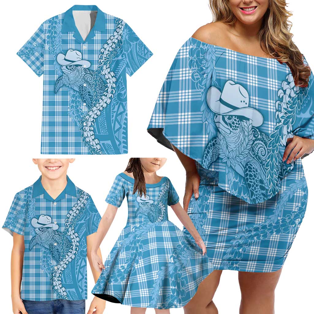Blue Hawaii Palaka Cowboy Turtle Family Matching Off Shoulder Short Dress and Hawaiian Shirt Hawaiian Paniolo Puakenikeni Maile Lei - Polynesian Pride