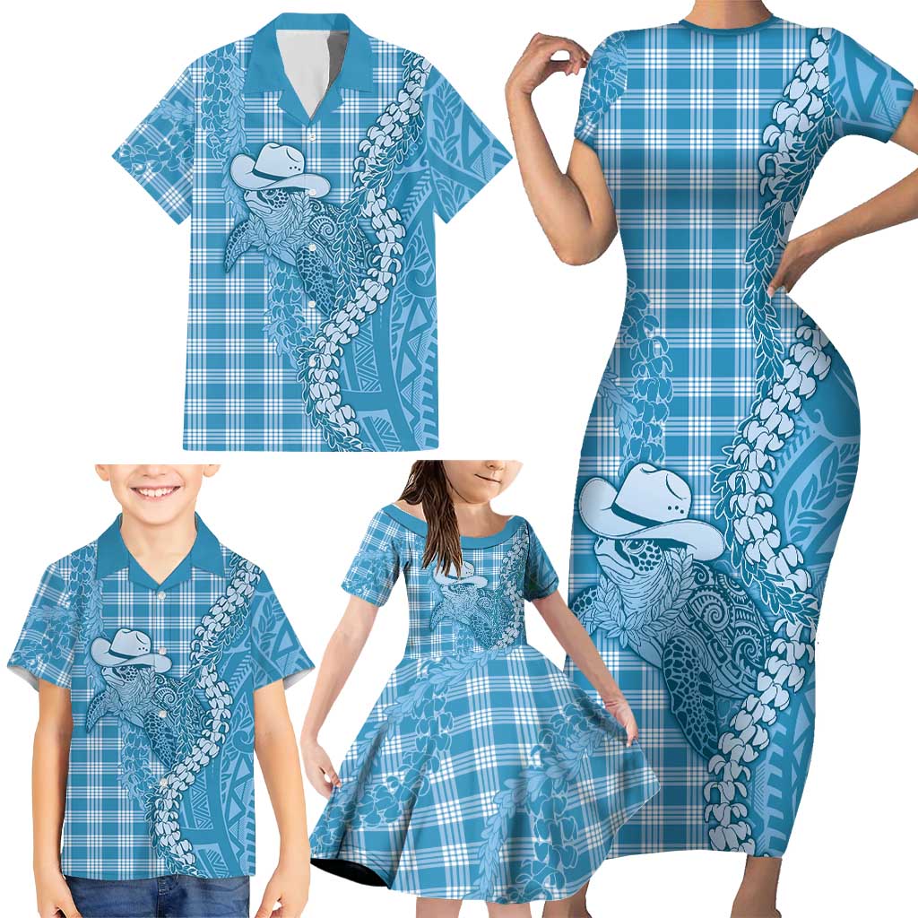 Blue Hawaii Palaka Cowboy Turtle Family Matching Short Sleeve Bodycon Dress and Hawaiian Shirt Hawaiian Paniolo Puakenikeni Maile Lei DT05 - Polynesian Pride