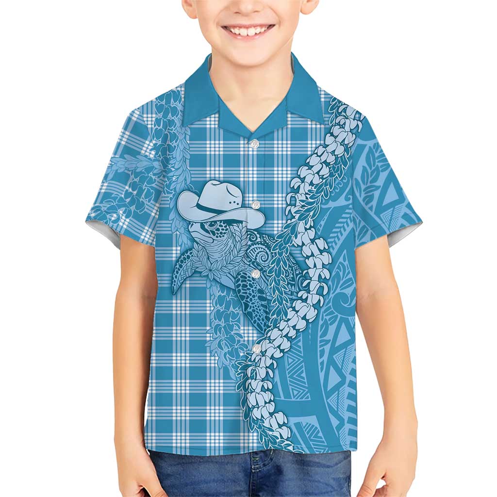 Blue Hawaii Palaka Cowboy Turtle Kid Hawaiian Shirt Hawaiian Paniolo Puakenikeni Maile Lei DT05 Kid Blue - Polynesian Pride