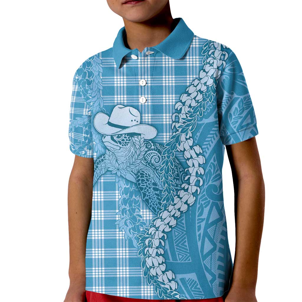 Blue Hawaii Palaka Cowboy Turtle Kid Polo Shirt Hawaiian Paniolo Puakenikeni Maile Lei - Polynesian Pride