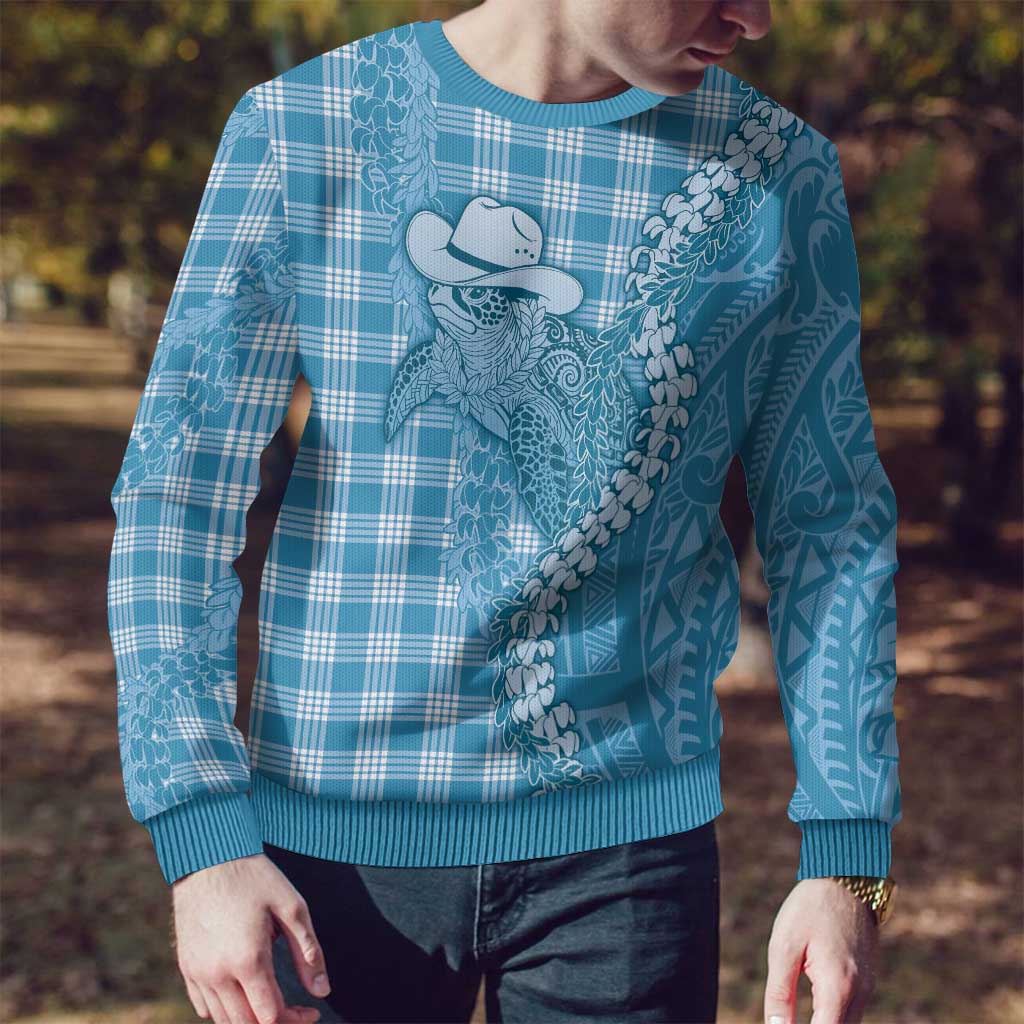 Blue Hawaii Palaka Cowboy Turtle Ugly Christmas Sweater Hawaiian Paniolo Puakenikeni Maile Lei - Polynesian Pride