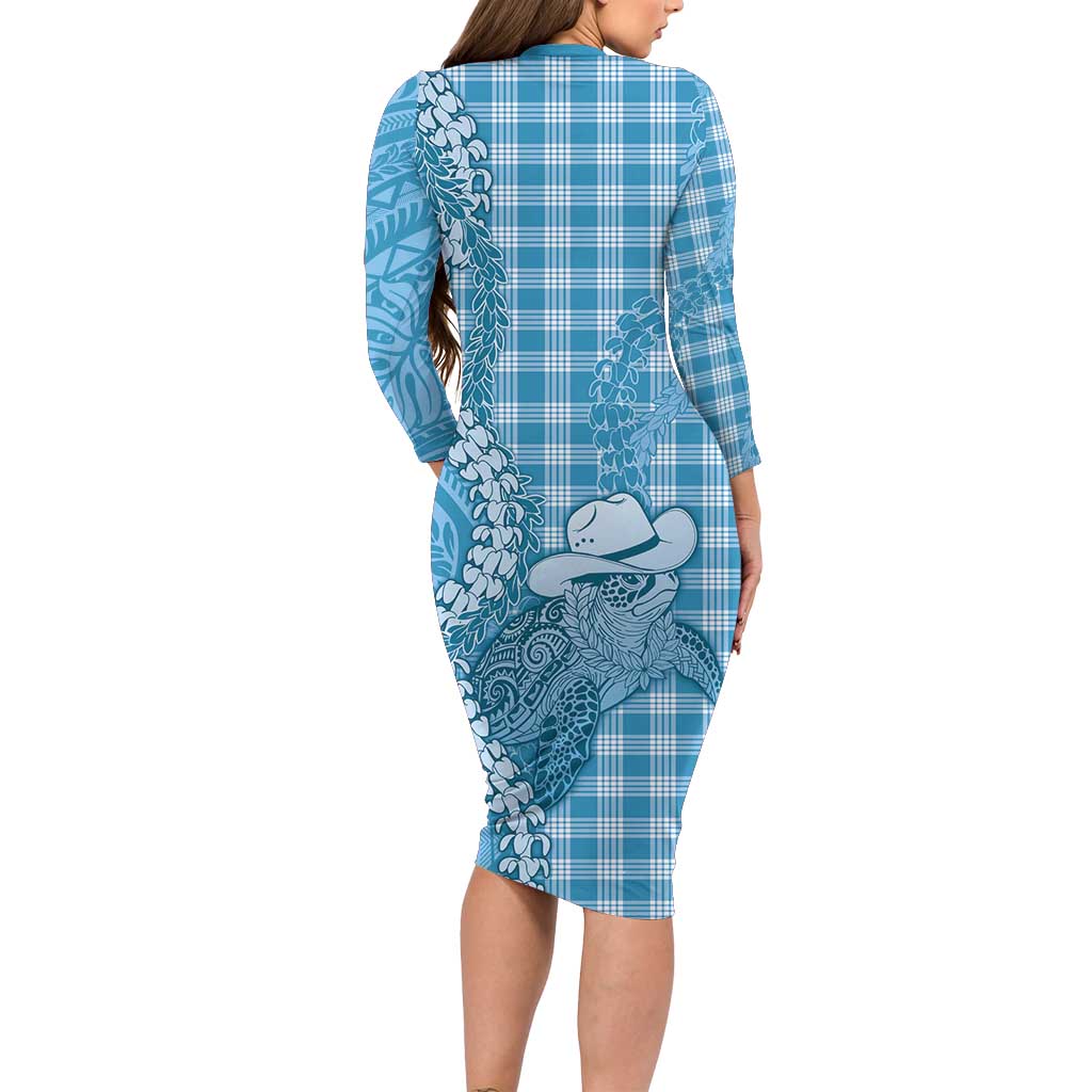 Blue Hawaii Palaka Cowboy Turtle Long Sleeve Bodycon Dress Hawaiian Paniolo Puakenikeni Maile Lei - Polynesian Pride