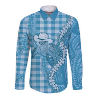 Blue Hawaii Palaka Cowboy Turtle Long Sleeve Button Shirt Hawaiian Paniolo Puakenikeni Maile Lei - Polynesian Pride