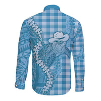 Blue Hawaii Palaka Cowboy Turtle Long Sleeve Button Shirt Hawaiian Paniolo Puakenikeni Maile Lei - Polynesian Pride