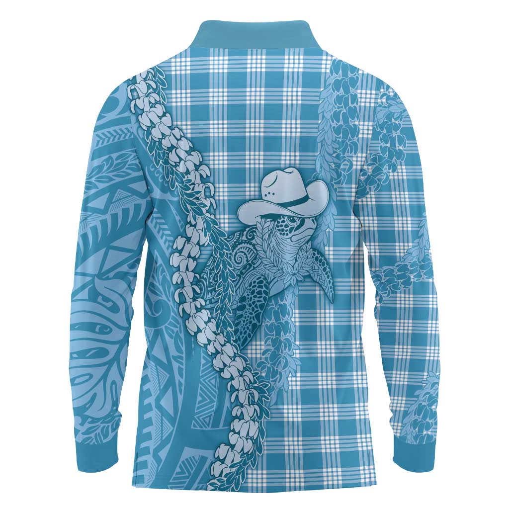 Blue Hawaii Palaka Cowboy Turtle Long Sleeve Polo Shirt Hawaiian Paniolo Puakenikeni Maile Lei - Polynesian Pride