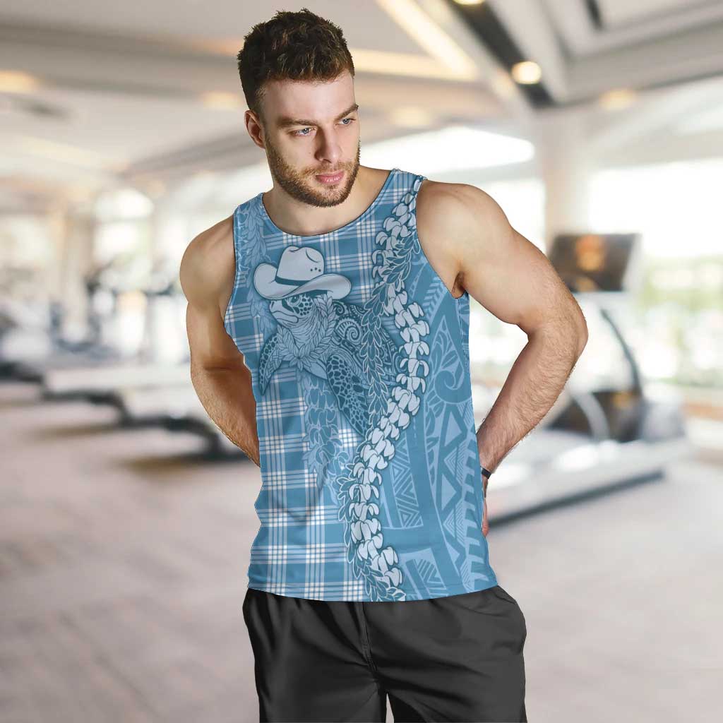 Blue Hawaii Palaka Cowboy Turtle Men Tank Top Hawaiian Paniolo Puakenikeni Maile Lei - Polynesian Pride