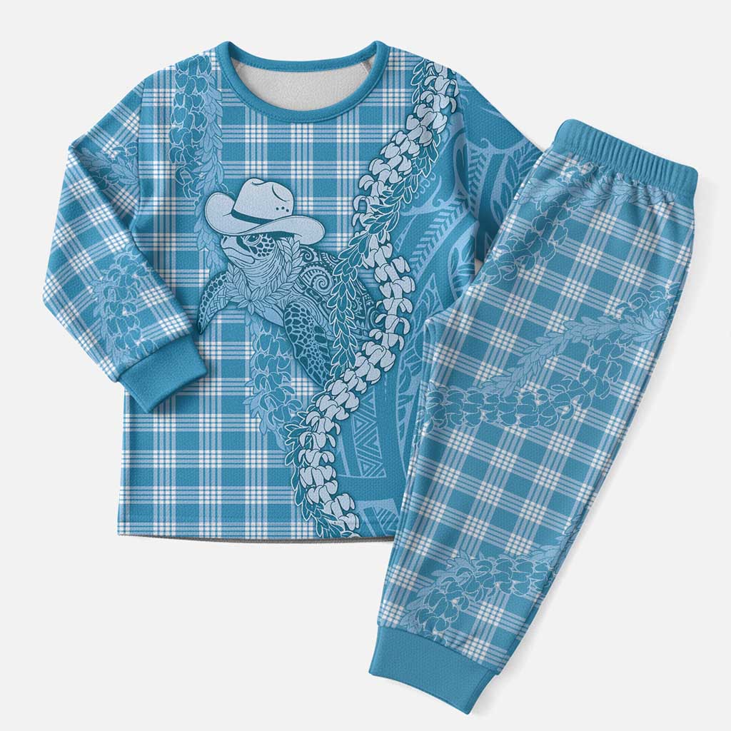 Blue Hawaii Palaka Cowboy Turtle Christmas Pajama Set Hawaiian Paniolo Puakenikeni Maile Lei - Polynesian Pride