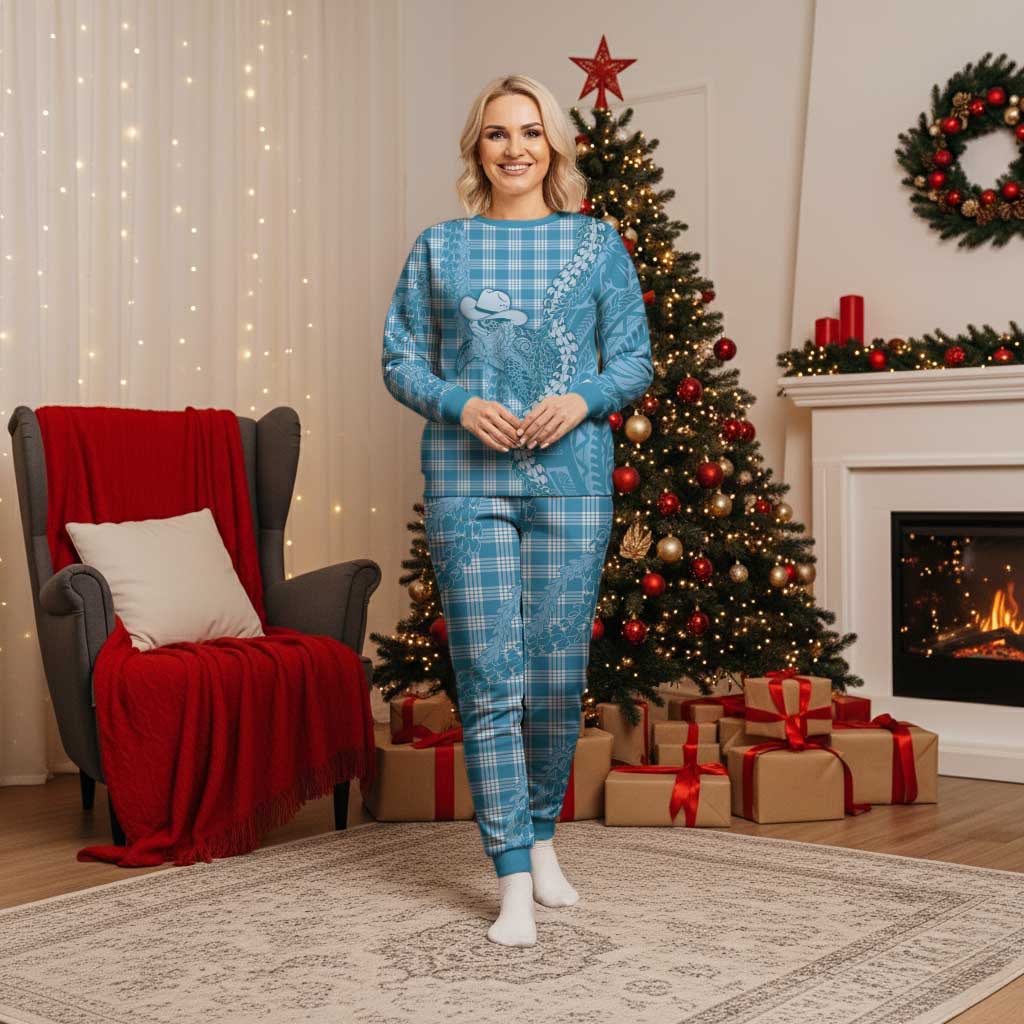 Blue Hawaii Palaka Cowboy Turtle Christmas Pajama Set Hawaiian Paniolo Puakenikeni Maile Lei - Polynesian Pride