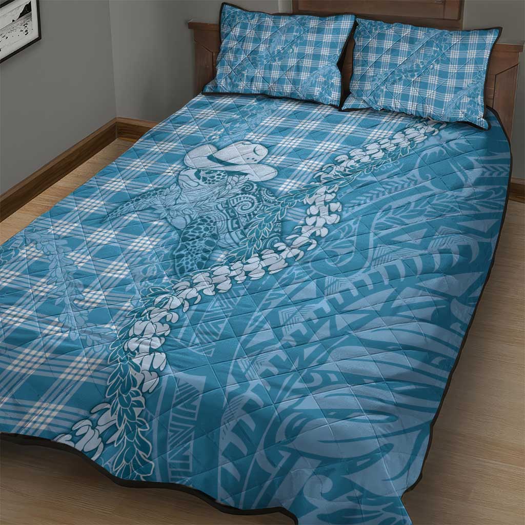 Blue Hawaii Palaka Cowboy Turtle Quilt Bed Set Hawaiian Paniolo Puakenikeni Maile Lei - Polynesian Pride