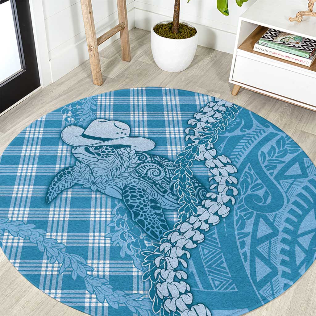 Blue Hawaii Palaka Cowboy Turtle Round Carpet Hawaiian Paniolo Puakenikeni Maile Lei - Polynesian Pride