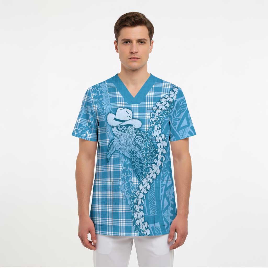 Blue Hawaii Palaka Cowboy Turtle Scrub Top Hawaiian Paniolo Puakenikeni Maile Lei - Polynesian Pride