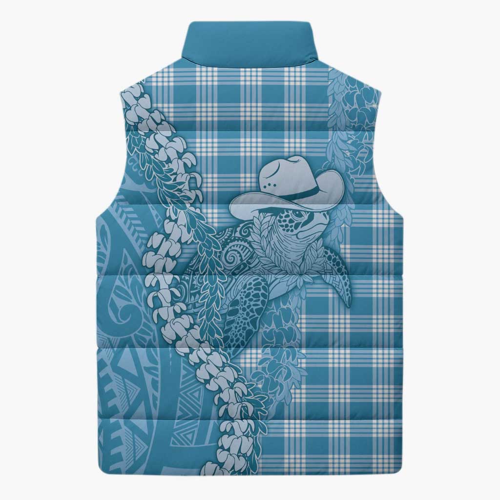 Blue Hawaii Palaka Cowboy Turtle Sleeveless Puffer Jacket Hawaiian Paniolo Puakenikeni Maile Lei - Polynesian Pride