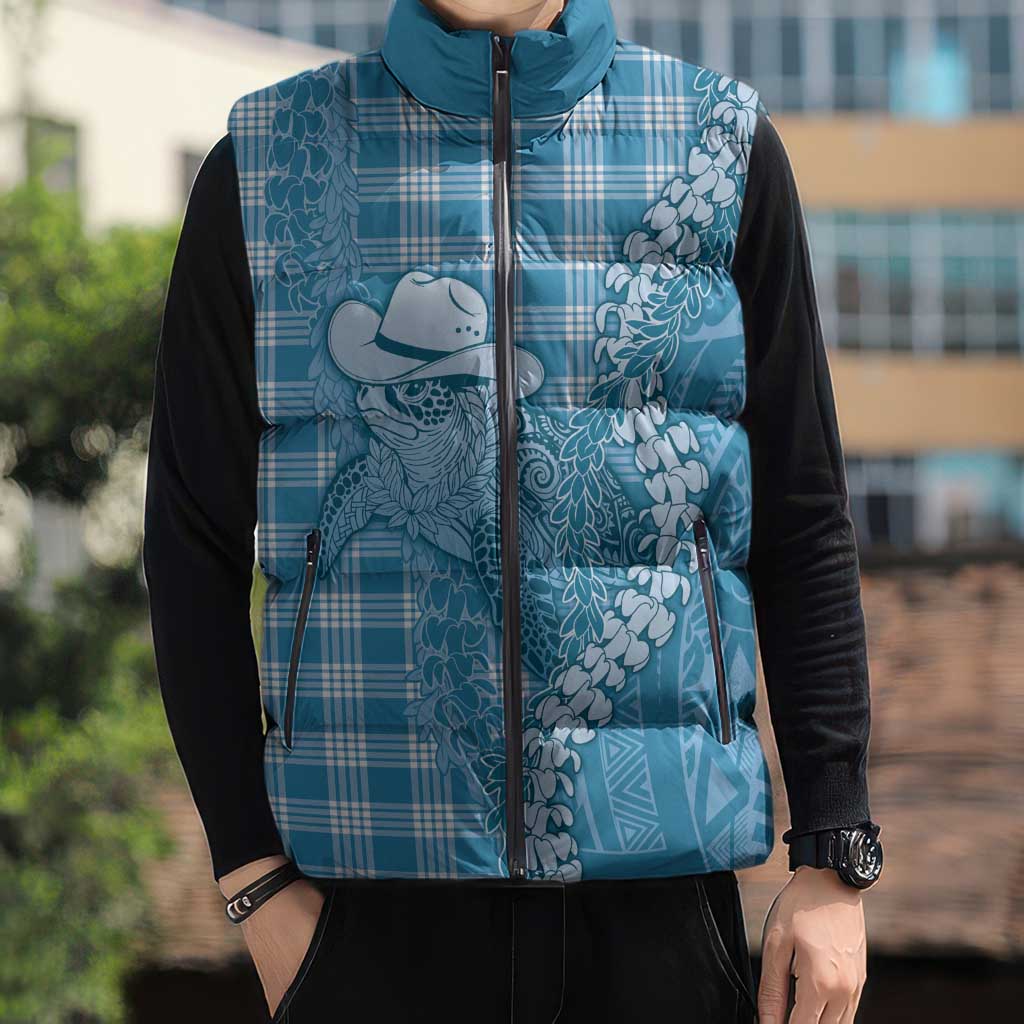 Blue Hawaii Palaka Cowboy Turtle Sleeveless Puffer Jacket Hawaiian Paniolo Puakenikeni Maile Lei - Polynesian Pride
