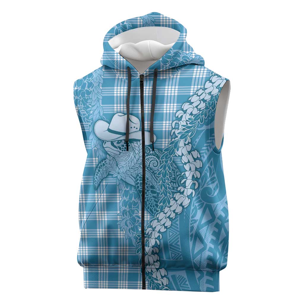 Blue Hawaii Palaka Cowboy Turtle Sleeveless Zip Hoodie Hawaiian Paniolo Puakenikeni Maile Lei DT05 Blue - Polynesian Pride