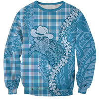 Blue Hawaii Palaka Cowboy Turtle Sweatshirt Hawaiian Paniolo Puakenikeni Maile Lei - Polynesian Pride