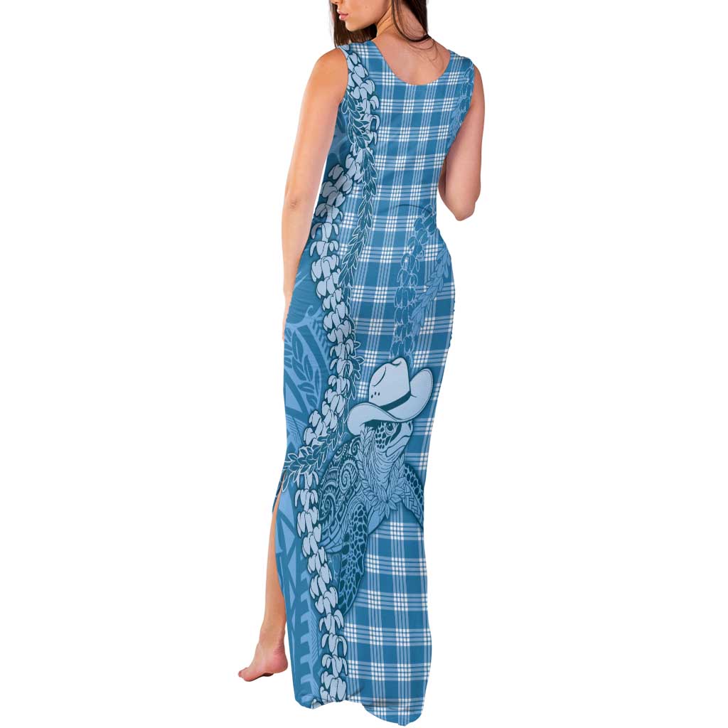 Blue Hawaii Palaka Cowboy Turtle Tank Maxi Dress Hawaiian Paniolo Puakenikeni Maile Lei - Polynesian Pride