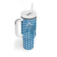 Blue Hawaii Palaka Cowboy Turtle Tumbler With Handle Hawaiian Paniolo Puakenikeni Maile Lei - Polynesian Pride