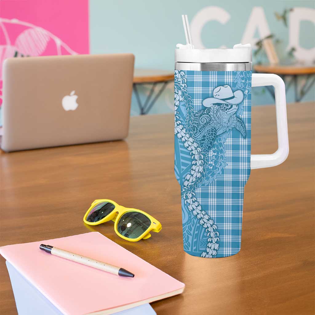 Blue Hawaii Palaka Cowboy Turtle Tumbler With Handle Hawaiian Paniolo Puakenikeni Maile Lei - Polynesian Pride