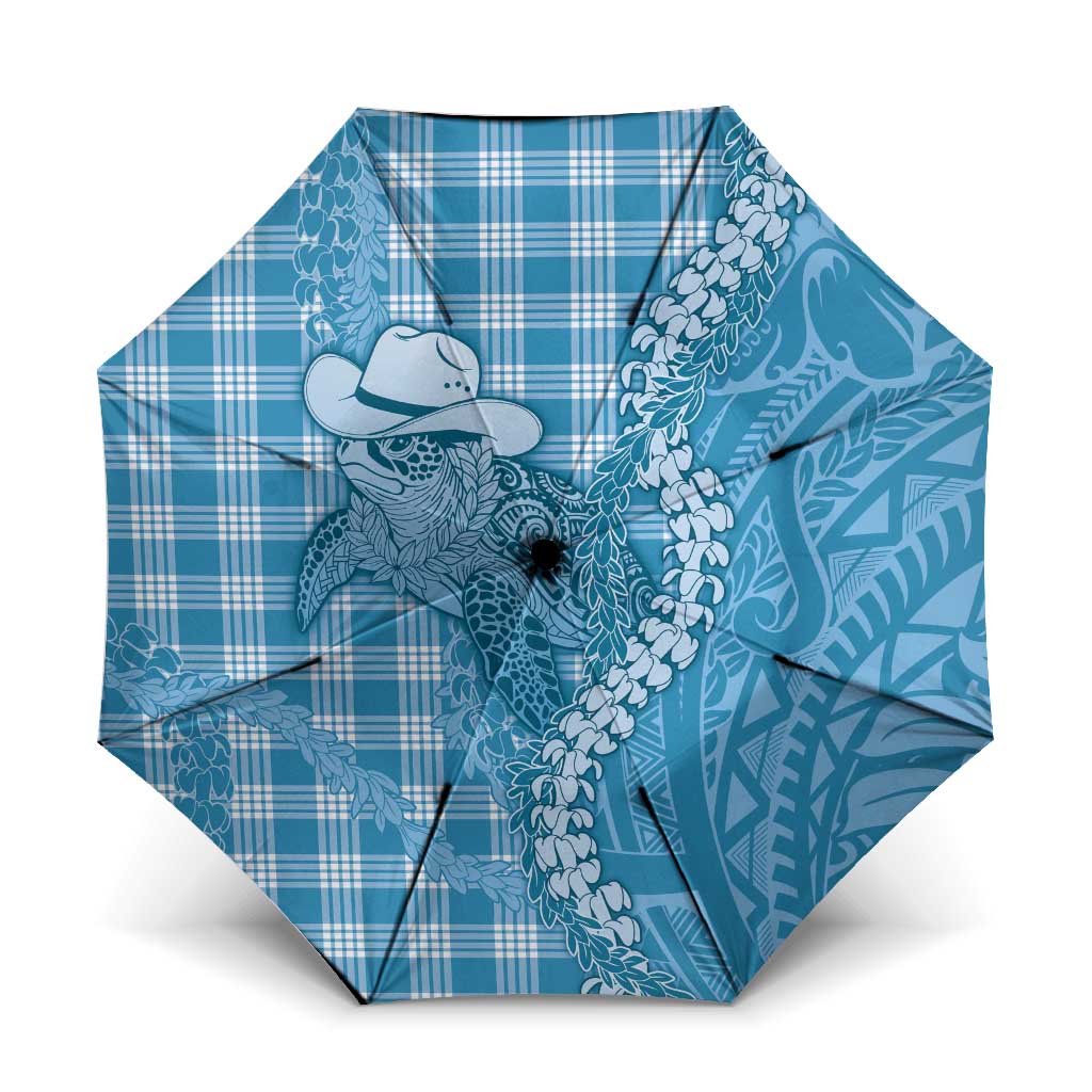 Blue Hawaii Palaka Cowboy Turtle Umbrella Hawaiian Paniolo Puakenikeni Maile Lei DT05 One Size Folded 11.42 inch Opened Diameter 37.4 inch Blue - Polynesian Pride