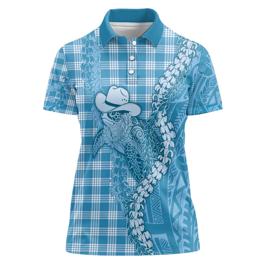 Blue Hawaii Palaka Cowboy Turtle Women Polo Shirt Hawaiian Paniolo Puakenikeni Maile Lei - Polynesian Pride