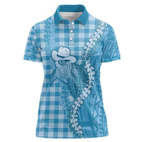 Blue Hawaii Palaka Cowboy Turtle Women Polo Shirt Hawaiian Paniolo Puakenikeni Maile Lei - Polynesian Pride
