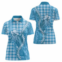 Blue Hawaii Palaka Cowboy Turtle Women Polo Shirt Hawaiian Paniolo Puakenikeni Maile Lei - Polynesian Pride