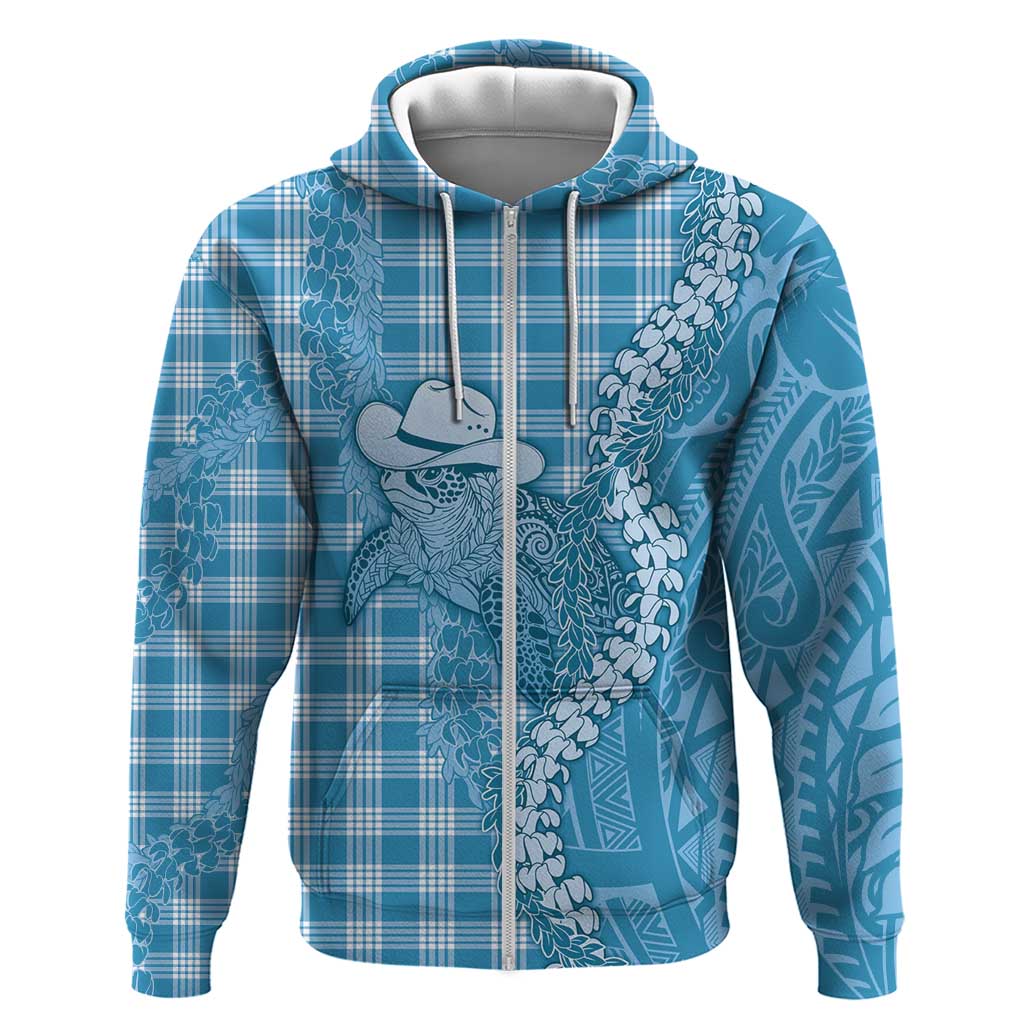 Blue Hawaii Palaka Cowboy Turtle Zip Hoodie Hawaiian Paniolo Puakenikeni Maile Lei DT05 Zip Hoodie Blue - Polynesian Pride