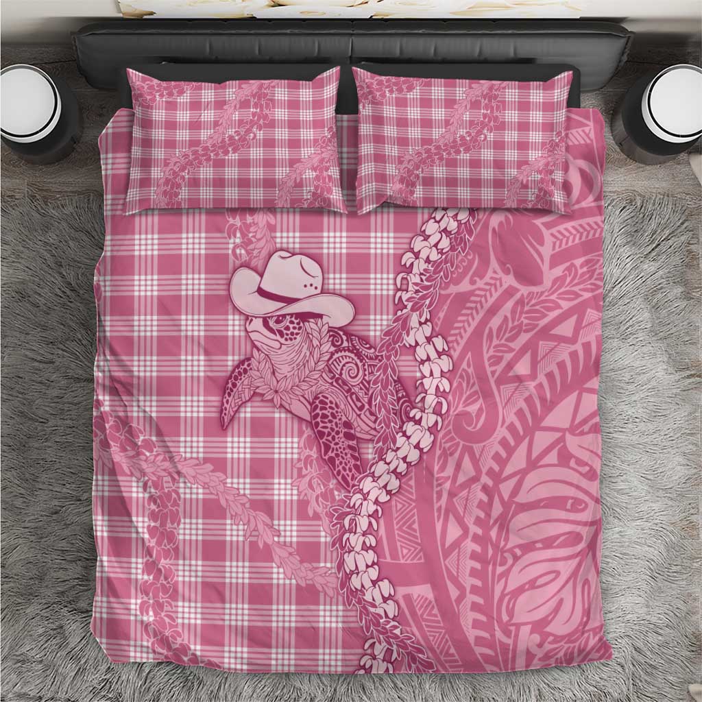 Pink Hawaii Palaka Cowboy Turtle Bedding Set Hawaiian Paniolo Puakenikeni Maile Lei - Polynesian Pride