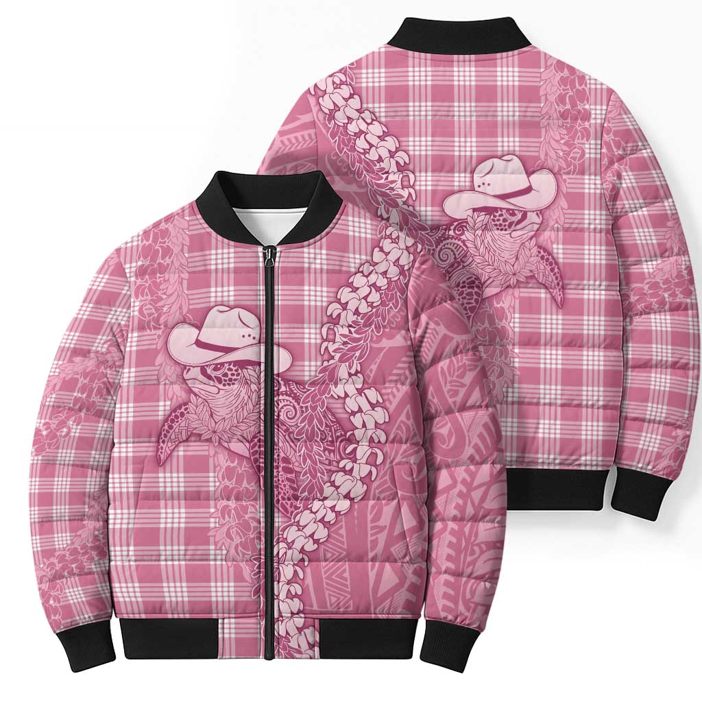 Pink Hawaii Palaka Cowboy Turtle Bomber Puffer Jacket Hawaiian Paniolo Puakenikeni Maile Lei - Polynesian Pride