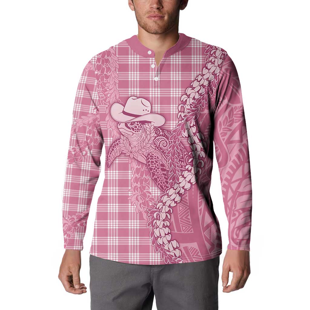 Pink Hawaii Palaka Cowboy Turtle Button Sweatshirt Hawaiian Paniolo Puakenikeni Maile Lei - Polynesian Pride