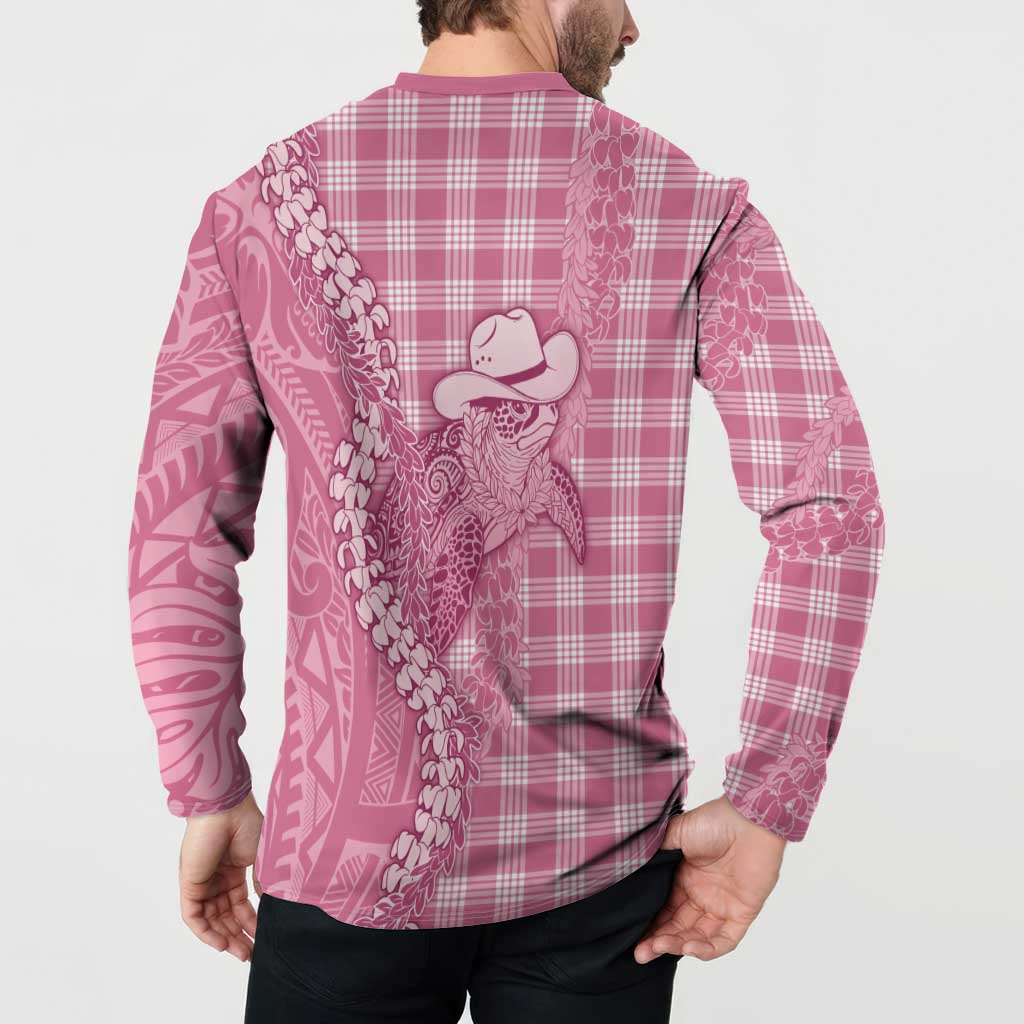Pink Hawaii Palaka Cowboy Turtle Button Sweatshirt Hawaiian Paniolo Puakenikeni Maile Lei - Polynesian Pride